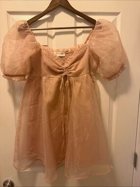 Native Sheer Puff Sleeve Mini Babydoll Dress - coppery-nude size Medium